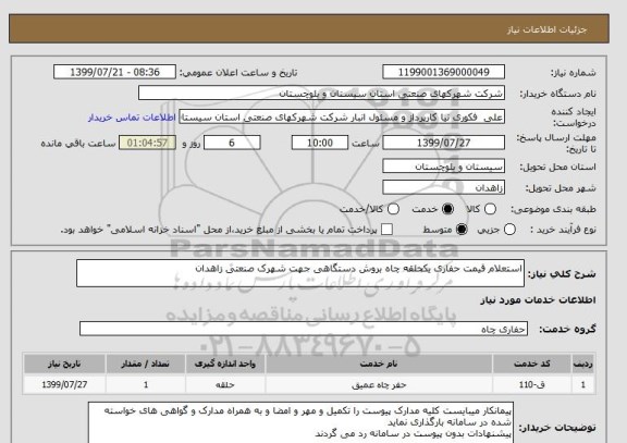 استعلام استعلام قیمت حفاری یکحلقه چاه بروش دستگاهی جهت شهرک صنعتی زاهدان 