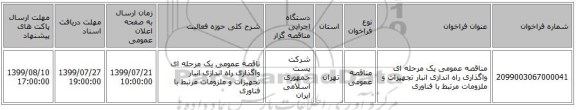 مناقصه عمومی یک مرحله ای واگذاری راه اندازی انبار تجهیزات و ملزومات مرتبط با فناوری 