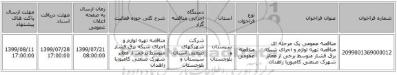 مناقصه عمومی یک مرحله ای مناقصه تهیه لوازم و اجرای شبکه برق فشار متوسط برخی از معابر شهرک صنعتی کامبوزیا زاهدان