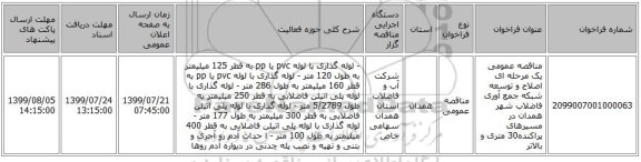 مناقصه عمومی یک مرحله ای اصلاح و توسعه شبکه جمع آوری  فاضلاب شهر همدان در مسیرهای پراکنده30 متری و بالاتر