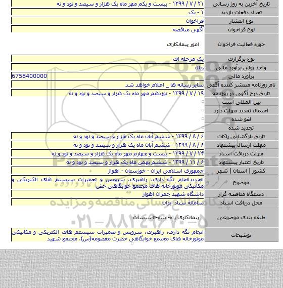 اتجدیدانجام نگه داری، راهبری، سرویس و تعمیرات سیستم های الکتریکی و مکانیکی موتورخانه های مجتمع خوابگاهی حض