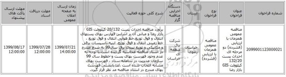 مناقصه عمومی همزمان با ارزیابی (فشرده) دو مرحله ای احداث پست 132/20 کیلوولت GIS بازار رضا  