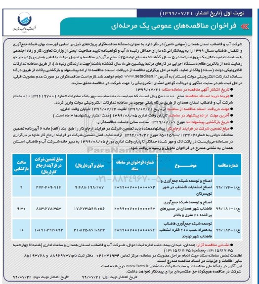 فراخوان مناقصه اصلاح و توسعه شبکه جمع آوری و اصلاح انشعابات 