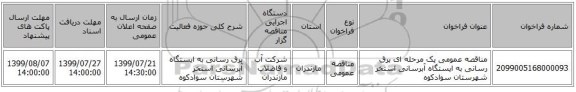 مناقصه عمومی یک مرحله ای برق رسانی به ایستگاه آبرسانی استخر شهرستان سوادکوه