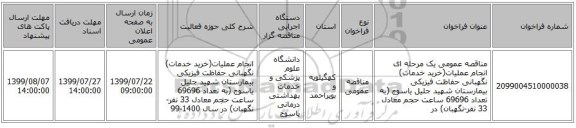 مناقصه عمومی یک مرحله ای انجام عملیات(خرید خدمات) نگهبانی حفاظت فیزیکی  بیمارستان شهید جلیل   یاسوج  (به تعداد 69696 ساعت حجم معادل 33 نفر-نگهبان) در 