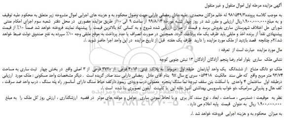 مزایده،مزایده فروش ملک دو دانگ مشاع  از ششدانگ  یک واحد آپارتمان  طبقه اول  مربوط  به پلاک  ثبتی  4016 فرعی  از 3720 فرعی  از 3 اصلی 