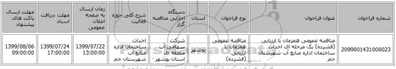 مناقصه عمومی همزمان با ارزیابی (فشرده) یک مرحله ای احداث ساختمان اداره منابع آب شهرستان جم