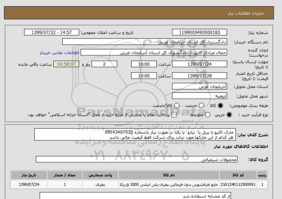 استعلام  مارک اکتیو یا پریل یا  نیارو  یا یکتا در صورت نیاز باشماره 09143407030
 هر کدام از این مارکها مورد ندارد برای شرکت فقط کیفیت عالی باشد 