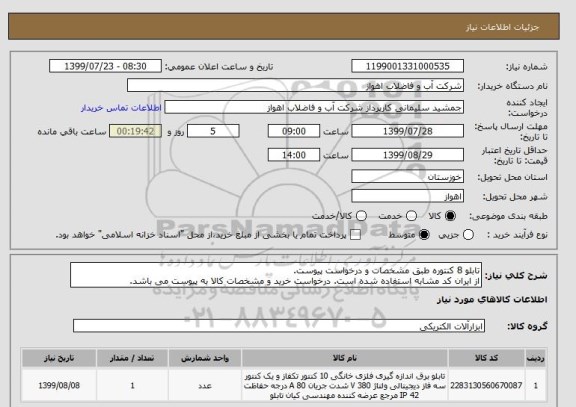 استعلام تابلو 8 کنتوره طبق مشخصات و درخواست پیوست.
از ایران کد مشابه استفاده شده است. درخواست خرید و مشخصات کالا به پیوست می باشد.