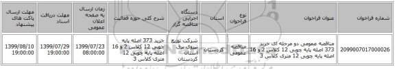 مناقصه عمومی دو مرحله ای خرید 373 اصله پایه چوبی 12 کلاس 2 و 16 اصله پایه چوبی 12 متری کلاس 3