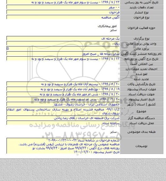 ک/۹۹/۱۱- مناقصه فشرده اصلاح و بهینه سازی ساختمانی پستهای امور انتقال نیروی شمال