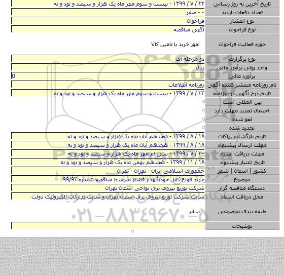 خرید انواع کابل خودنگهدار فشار متوسط مناقصه شماره ۹۹/۹۳