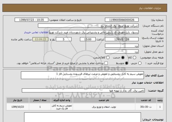 استعلام تعویض سیم به کابل روستایی و تعویض و مرمت تیرهای فرسوده روستایی فاز 1