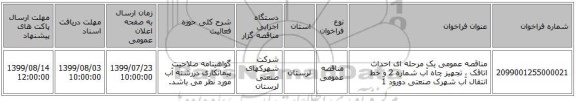 مناقصه عمومی یک مرحله ای احداث اتاقک ، تجهیز چاه آب شماره 2 و خط انتقال آب شهرک صنعتی دورود 1