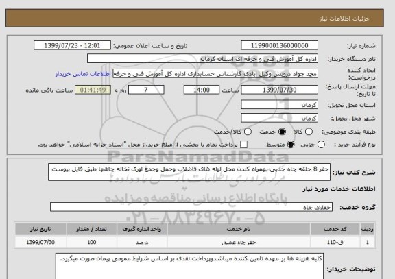 استعلام حفر 8 حلقه چاه جذبی بهمراه کندن محل لوله های فاضلاب وحمل وجمع اوری نخاله چاهها طبق فایل پیوست