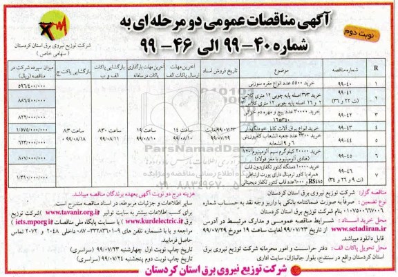 آگهی مناقصه های عمومی, مناقصه خرید 5500 عدد انواع  مقره سوزنی و ... - نوبت دوم