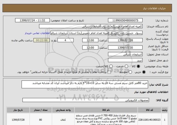 استعلام خرید 80متر کابل سیم مسی , سامانه تدارکات الکترونیکی دولت 