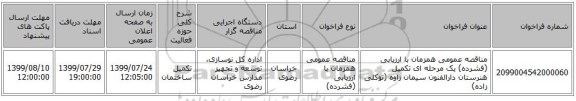 مناقصه عمومی همزمان با ارزیابی (فشرده) یک مرحله ای تکمیل هنرستان دارالفنون سیمان زاوه (توکلی زاده)  