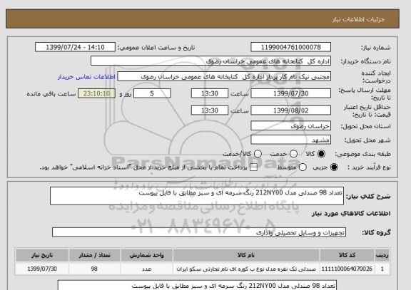 استعلام تعداد 98 صندلی مدل 212NY00 رنگ سرمه ای و سبز مطابق با فایل ییوست