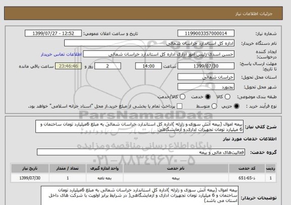 استعلام بیمه اموال (بیمه آتش سوزی و زلزله )اداره کل استاندارد خراسان شمالی به مبلغ 6میلیارد تومان ساختمان و 6 میلیارد تومان تجهیزات اداری و آزمایشگاهی