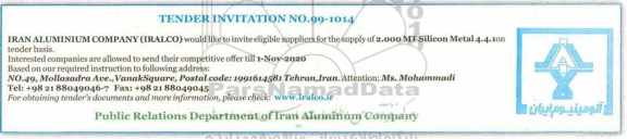 مناقصه، مناقصه 2.000 MT Silicon Metal 4.4.1on