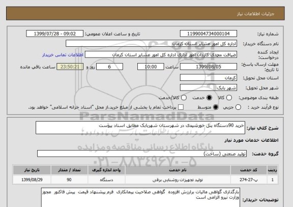 استعلام خرید 90دستگاه پنل خورشیدی در شهرستان شهربابک مطابق اسناد پیوست 