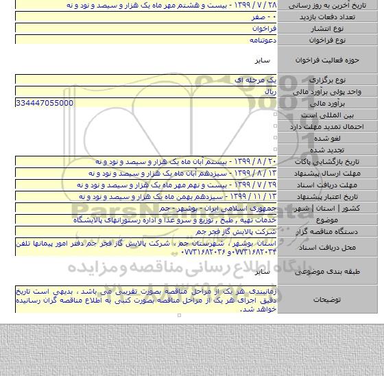 خدمات تهیه ,  طبخ , توزیع و سرو غذا و اداره رستورانهای پالایشگاه