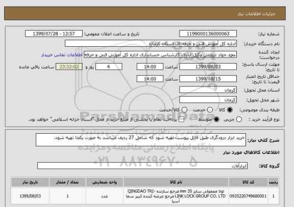 استعلام خرید ابزار درودگری طبق فایل پیوست تهیه شود که شامل 27 ردیف میباشد به صورت یکجا تهیه شود.