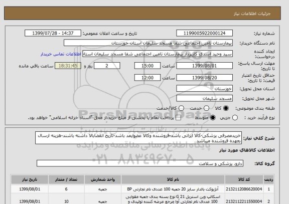 استعلام خریدمصرفی پزشکی-کالا ایرانی باشد-فروشنده وکالا عضوایمد باشد-تاریخ انقضابالا داشته باشند-هزینه ارسال بعهده فروشنده میباشد