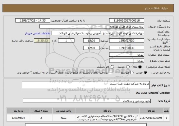 استعلام مربوط به شرکت مهدیا طب زیست