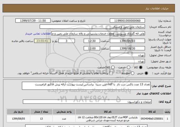 استعلام تعداد 13 عدد باکس درب دار  با mdf ارین سینا  براساس لیست پیوست ارائه پیش فاکتور الزامیست