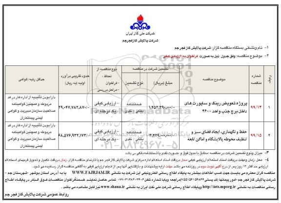 مناقصه, مناقصه پروژه تعویض رینگ و ساپورت های  داخل برج جذب