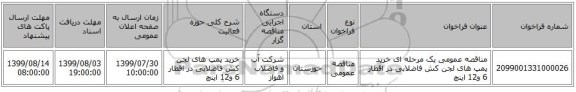 مناقصه عمومی یک مرحله ای خرید پمپ های لجن کش فاضلابی در اقطار 6 و12 اینچ