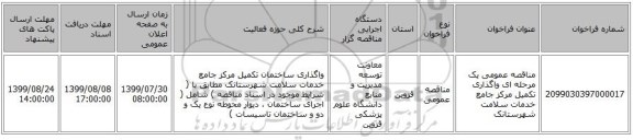 مناقصه عمومی یک مرحله ای واگذاری تکمیل مرکز جامع خدمات سلامت شهرستانک 