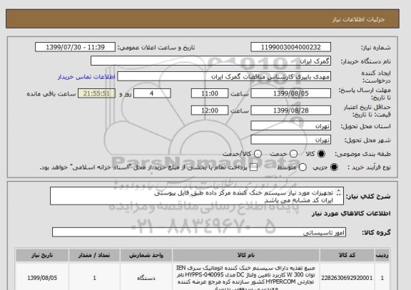 استعلام تجهیزات مورد نیاز سیستم خنک کننده مرکز داده طبق فایل پیوستی
ایران کد مشابه می باشد
