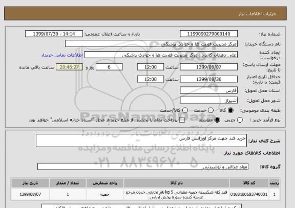 استعلام خرید قند جهت مرکز اورژانس فارس