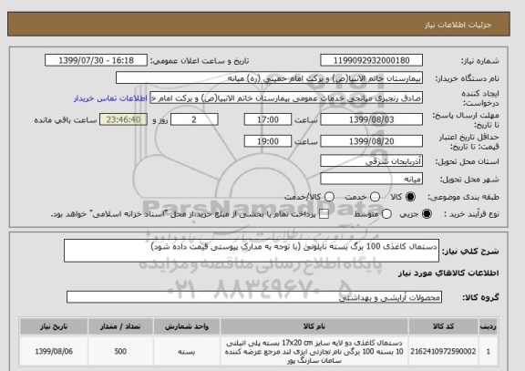 استعلام دستمال کاغذی 100 برگ بسته نایلونی (با توجه به مدارک پیوستی قیمت داده شود)