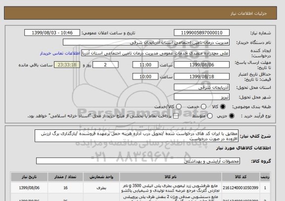 استعلام مطابق با ایران کد های درخواست شده /تحویل درب اداره هزینه حمل برعهده فروشنده /بارگذاری برگ ارزش افزوده در صورت درخواست 