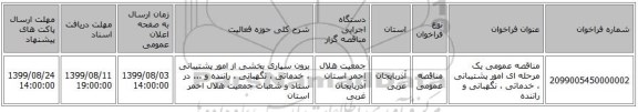 مناقصه عمومی یک مرحله ای امور پشتیبانی ، خدماتی ، نگهبانی و راننده 