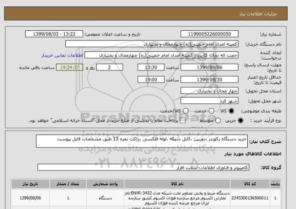 استعلام خرید دستگاه رکوردر ،دوربین ،کابل شبکه ،لوله فلکسی ،داکت نمره 13 طبق مشخصات فایل پیوست 