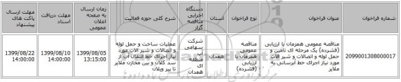 مناقصه عمومی همزمان با ارزیابی (فشرده) یک مرحله ای تامین و حمل لوله و اتصالات و شیر الات مورد نیاز اجرای خط آبرسانی به ملایر 