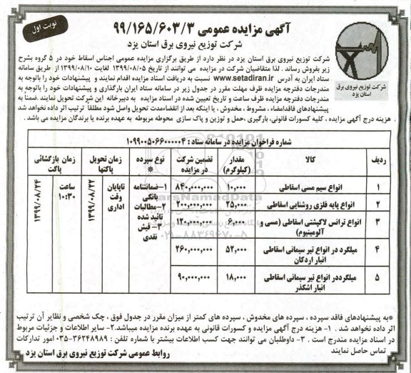 ﻿آگهی مزایده عمومی , مزایده فروش انواع سیم مسی اسقاطی... 