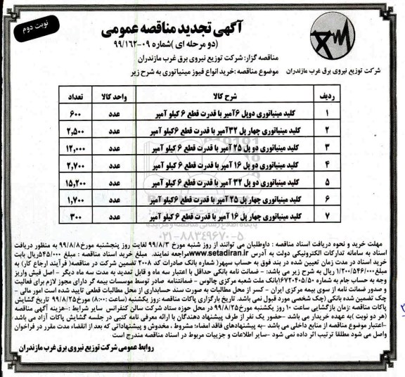 تجدید مناقصه ، مناقصه خرید انواع فیوز مینیاتوری تجدید نوبت دوم 