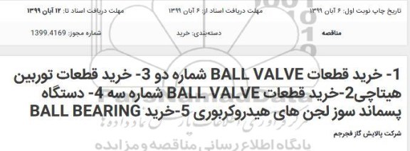 مناقصه ، مناقصه خرید قطعات BALL VALVE شماره دو ...