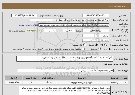 استعلام بکارگیری تعداد یک دستگاه خودرو پژو و یا سمند مدل  1394به بالا با راننده مجرب