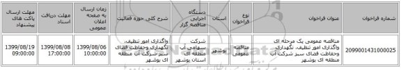 مناقصه عمومی یک مرحله ای واگذاری امور تنظیف، نگهداری وحفاظت فضای سبز شرکت آب منطقه ای بوشهر