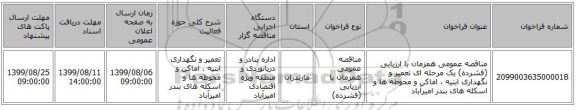 مناقصه عمومی همزمان با ارزیابی (فشرده) یک مرحله ای تعمیر و نگهداری ابنیه ، اماکن و محوطه ها و اسکله های بندر امیرآباد 