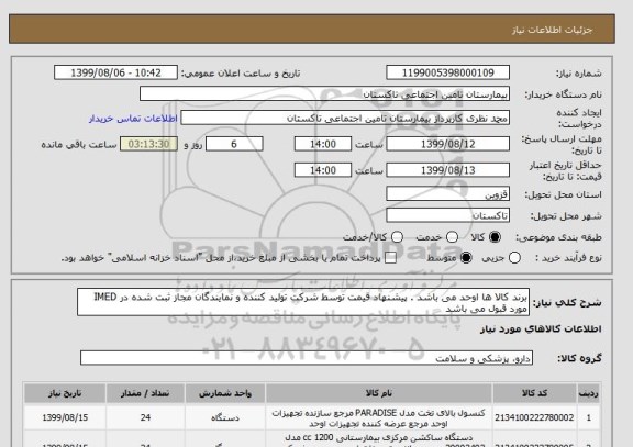 استعلام برند کالا ها اوحد می باشد . پیشنهاد قیمت توسط شرکت تولید کننده و نمایندگان مجاز ثبت شده در IMED مورد قبول می باشد