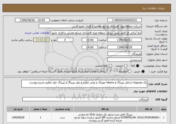 استعلام یک مجموعه شامل بیرینگ و محفظه بیرینگ و بوش تنظیم و رولر بیرینگ و بیرینگ خود تنظیم بشرح پیوست