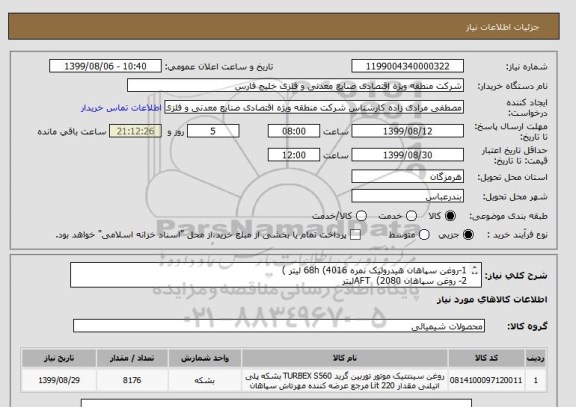 استعلام 1-روغن سپاهان هیدرولیک نمره 68h (4016 لیتر )
2- روغن سپاهان AFT  (2080لیتر  
3- روغن سپاهان پولاد 220 (2080لیتر)  09133979954